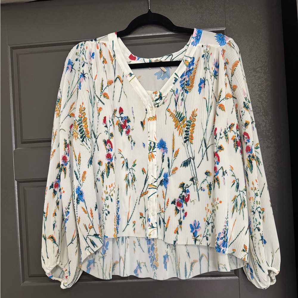 Maje Cream Floral Pleated V-Neck Blouse with Blue, Pink & Yellow Accents